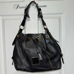 Dooney & Bourke Drawstring Bucket Slouch Bag Black Leather Shoulder Tassel